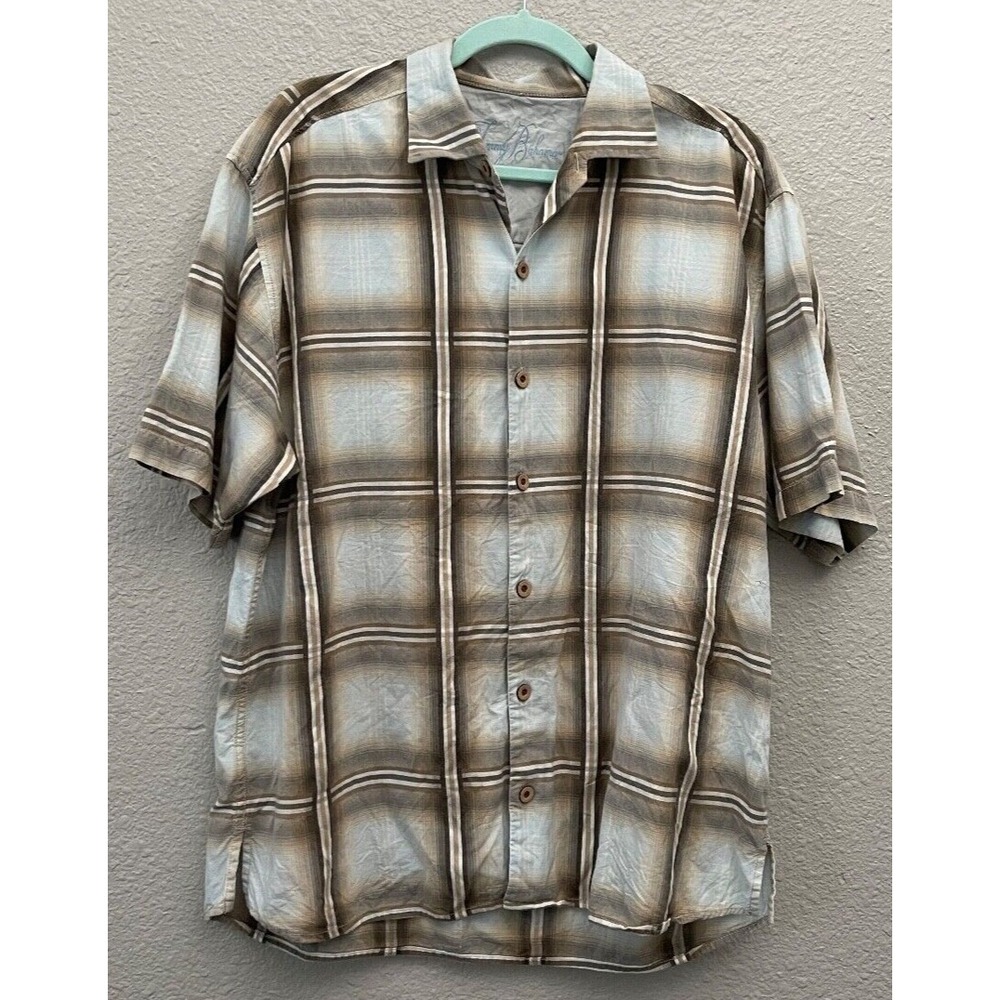 Tommy Bahama Shirt Men's Large Brown Plaid Cotton‎ Blend Outdoor Preppy Gorpcore